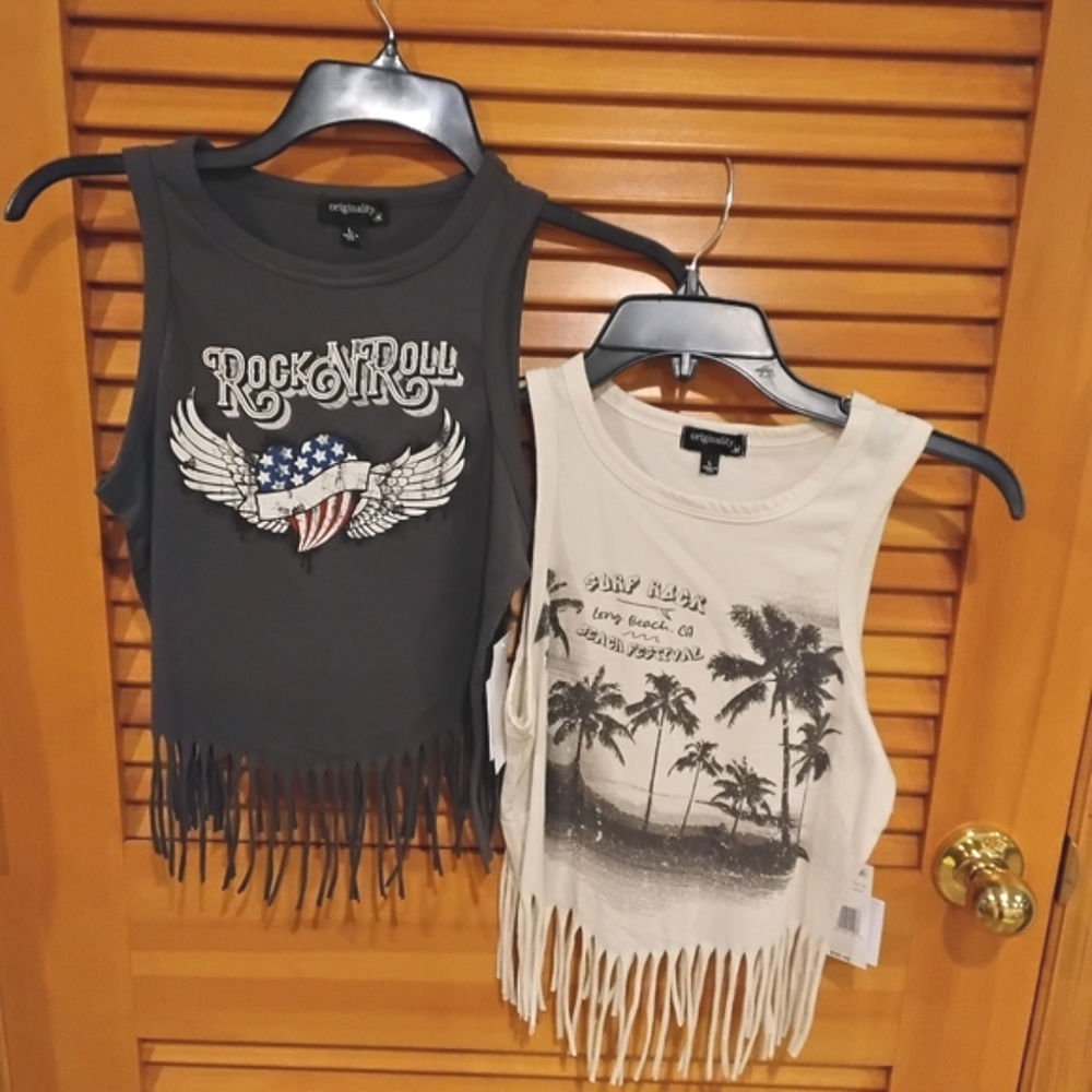 2/$15 NWT Girls Large Fringe Tank Tops - Grey & Cream 100% Cotton